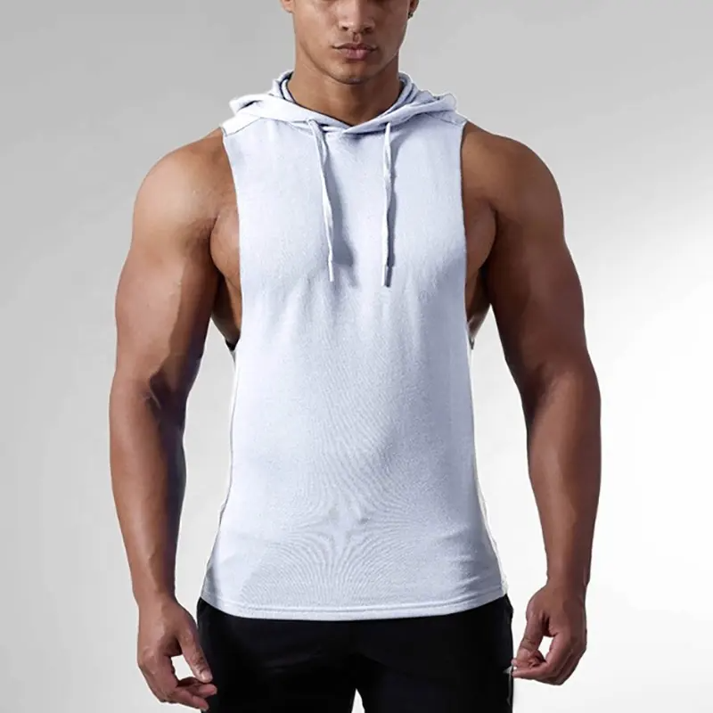 Men's fitness hooded sleeveless hoodie custom oem logo cotton European size solid gym wear tank top singlet vests