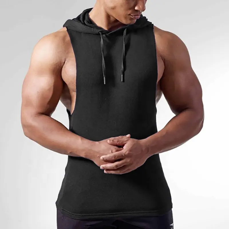 Men's fitness hooded sleeveless hoodie custom oem logo cotton European size solid gym wear tank top singlet vests