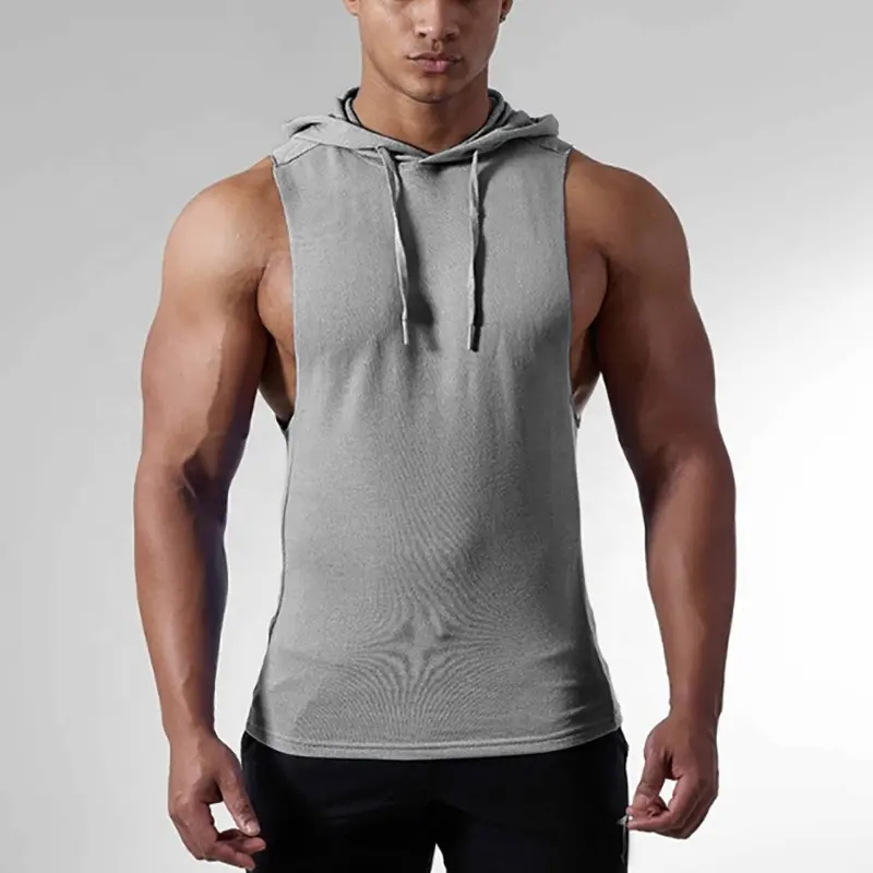 Men's fitness hooded sleeveless hoodie custom oem logo cotton European size solid gym wear tank top singlet vests