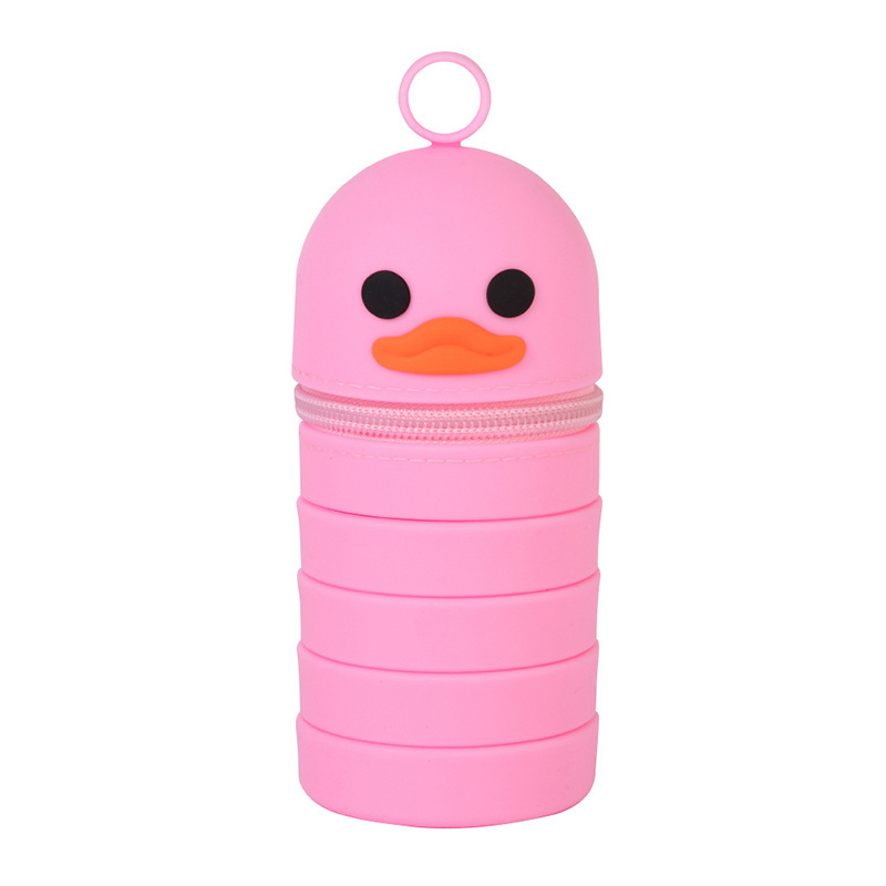 Wholesale 3d Cute Extendable Retractable Duck Silicone Pen Holder Pencil Cases For Kids Stand Up Pencil Case