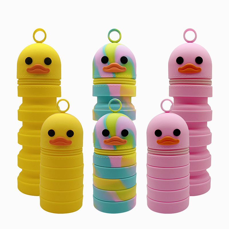 Wholesale 3d Cute Extendable Retractable Duck Silicone Pen Holder Pencil Cases For Kids Stand Up Pencil Case