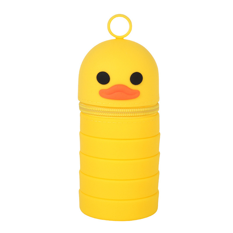 Wholesale 3d Cute Extendable Retractable Duck Silicone Pen Holder Pencil Cases For Kids Stand Up Pencil Case