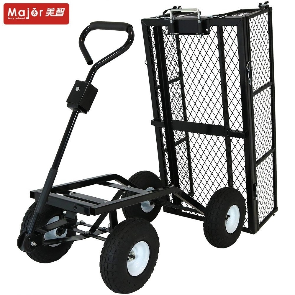 600KG steel utility mesh garden wagon foldable trailer cart with big turf wheels