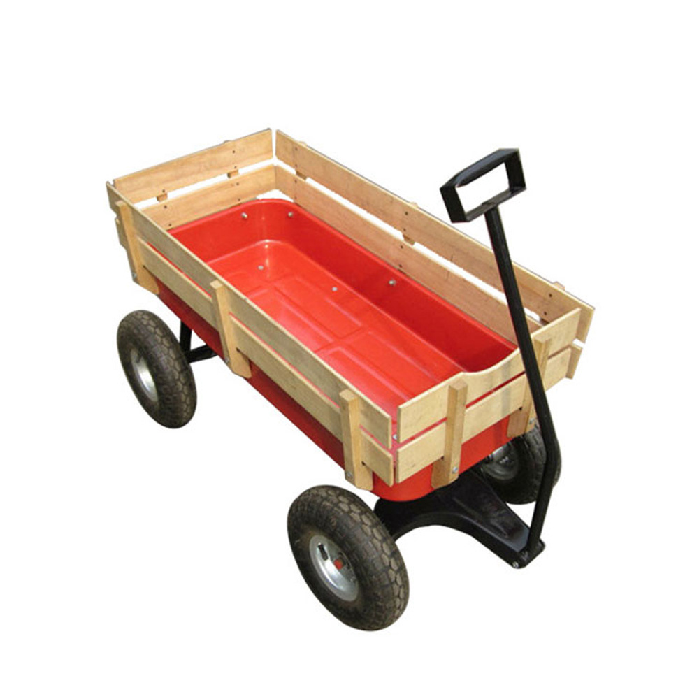 Covered Pull Hard Wood Wooden Cart Baby Sitting Toy Kids' Wagon with Seat and Red Awning