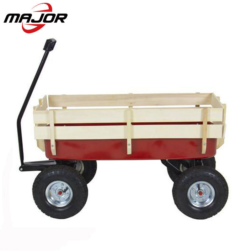 Covered Pull Hard Wood Wooden Cart Baby Sitting Toy Kids' Wagon with Seat and Red Awning