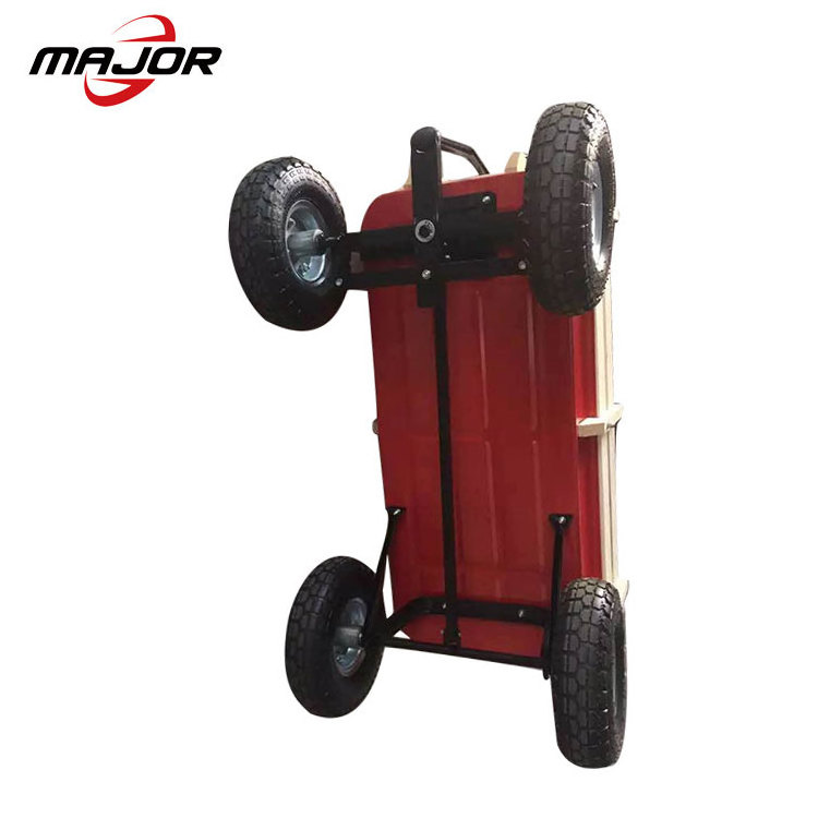 Covered Pull Hard Wood Wooden Cart Baby Sitting Toy Kids' Wagon with Seat and Red Awning