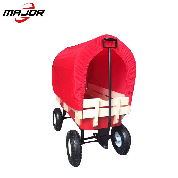 Covered Pull Hard Wood Wooden Cart Baby Sitting Toy Kids' Wagon with Seat and Red Awning