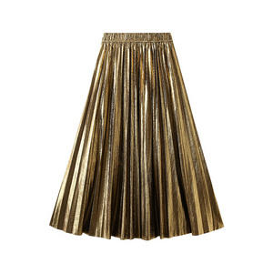 Metal Color Pleated Maxi Skirt 2024 Spring Elastic High Waist Harajuku Large Swing Gold Long Skirts For Women Saias