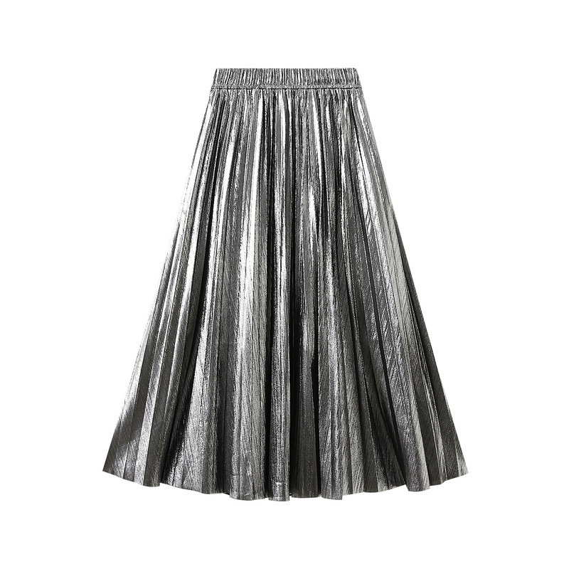 Metal Color Pleated Maxi Skirt 2024 Spring Elastic High Waist Harajuku Large Swing Gold Long Skirts For Women Saias