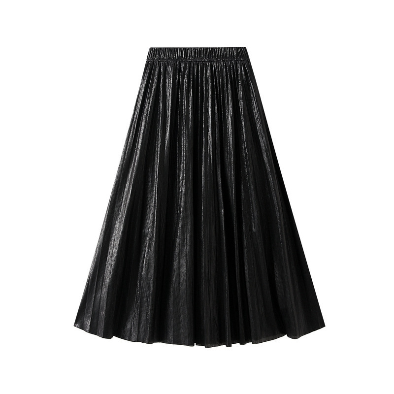 Metal Color Pleated Maxi Skirt 2024 Spring Elastic High Waist Harajuku Large Swing Gold Long Skirts For Women Saias