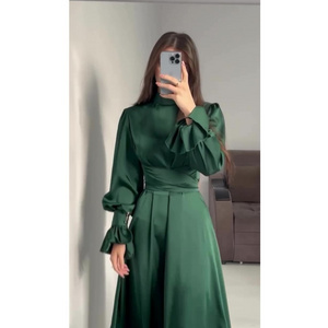 5 Colors Women Muslim Satin Dress Soft Elegant Solid Long Dress Loose Waist Lace Up Casual Elegant Party Dress Hijabs for Girls