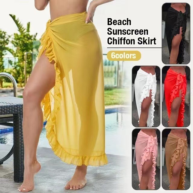 Women Chiffon See-Through Beach Bikini Cover Up Wrap Scarf Swimwear Pareo Sarong Dress Solid Ruffle Casual Beach Dress