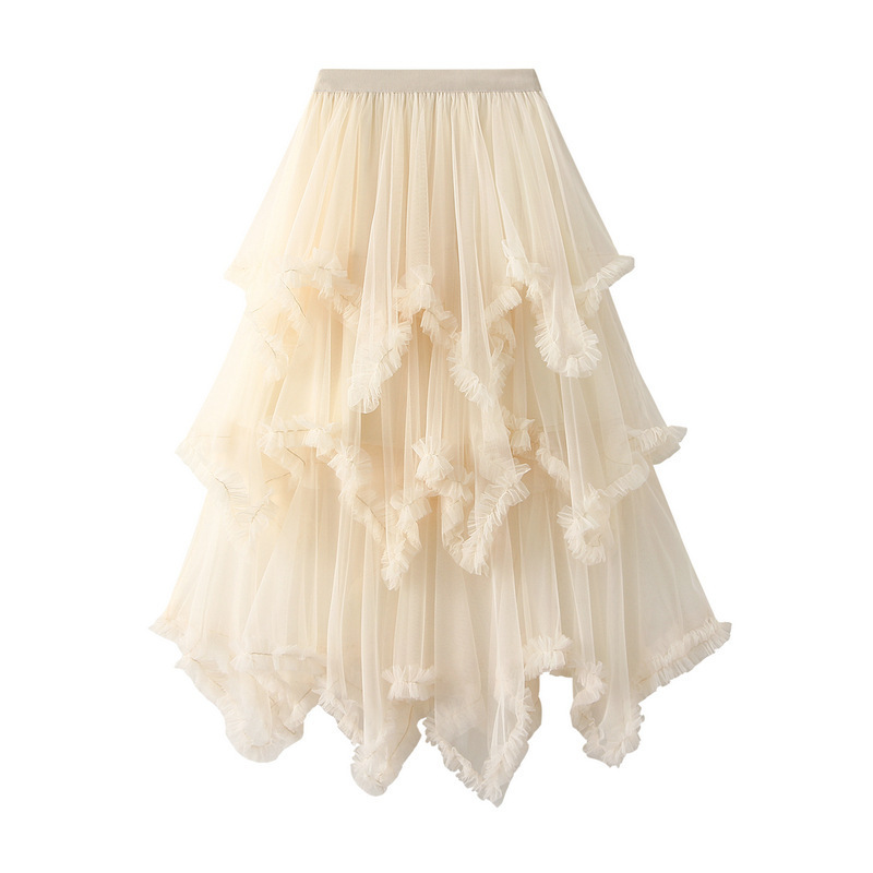 Irregular Mesh Gauze Cakee Long Skirt Sweet Fungus Swing Puffy Fairy A-line Calf Long Tulle Skirt