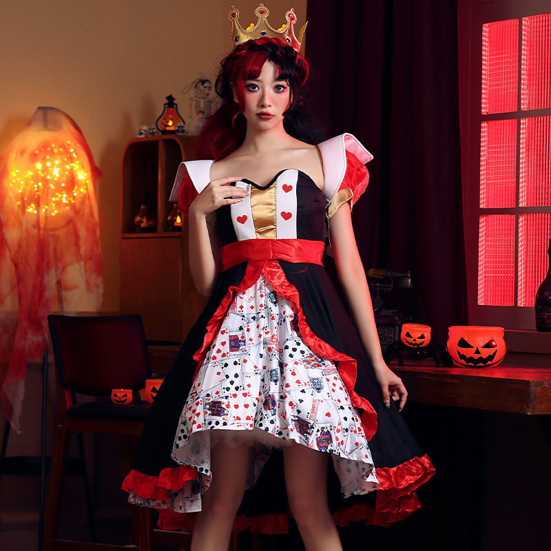 Women Queen Character Cosplay Costume Sexy Dress Halloween Costumes Red Queen Poker Printed Dresses