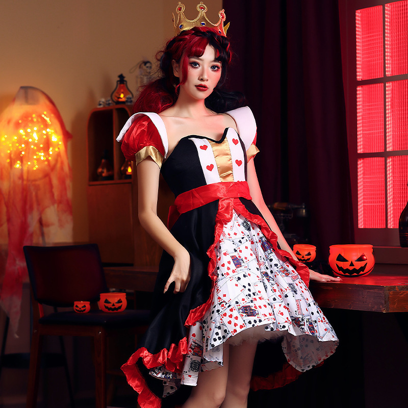 Women Queen Character Cosplay Costume Sexy Dress Halloween Costumes Red Queen Poker Printed Dresses