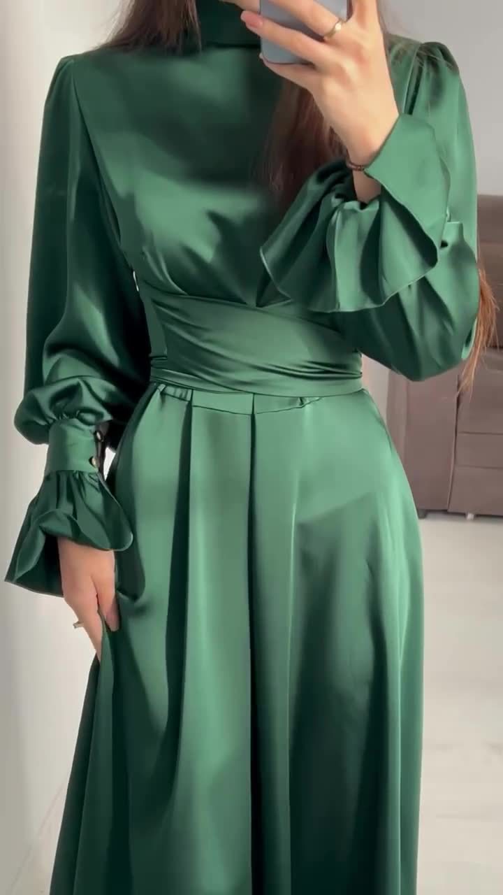 5 Colors Women Muslim Satin Dress Soft Elegant Solid Long Dress Loose Waist Lace Up Casual Elegant Party Dress Hijabs for Girls