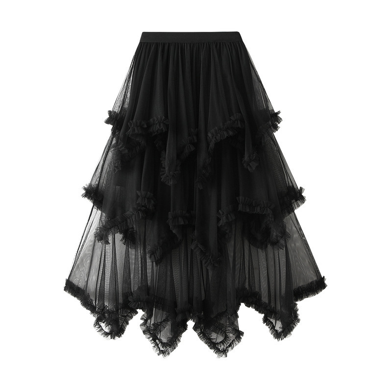 Irregular Mesh Gauze Cakee Long Skirt Sweet Fungus Swing Puffy Fairy A-line Calf Long Tulle Skirt