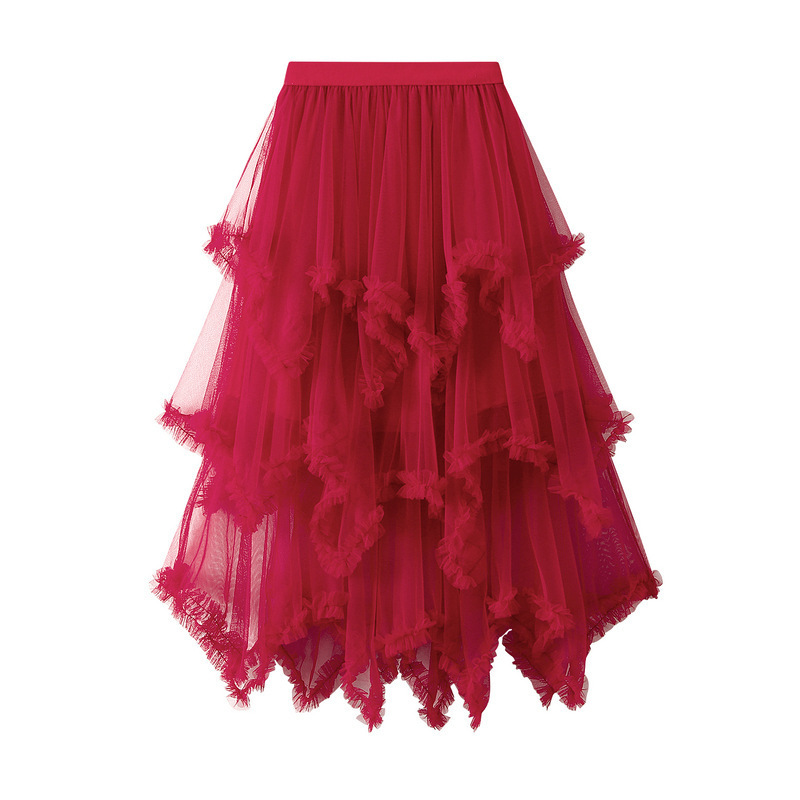 Irregular Mesh Gauze Cakee Long Skirt Sweet Fungus Swing Puffy Fairy A-line Calf Long Tulle Skirt