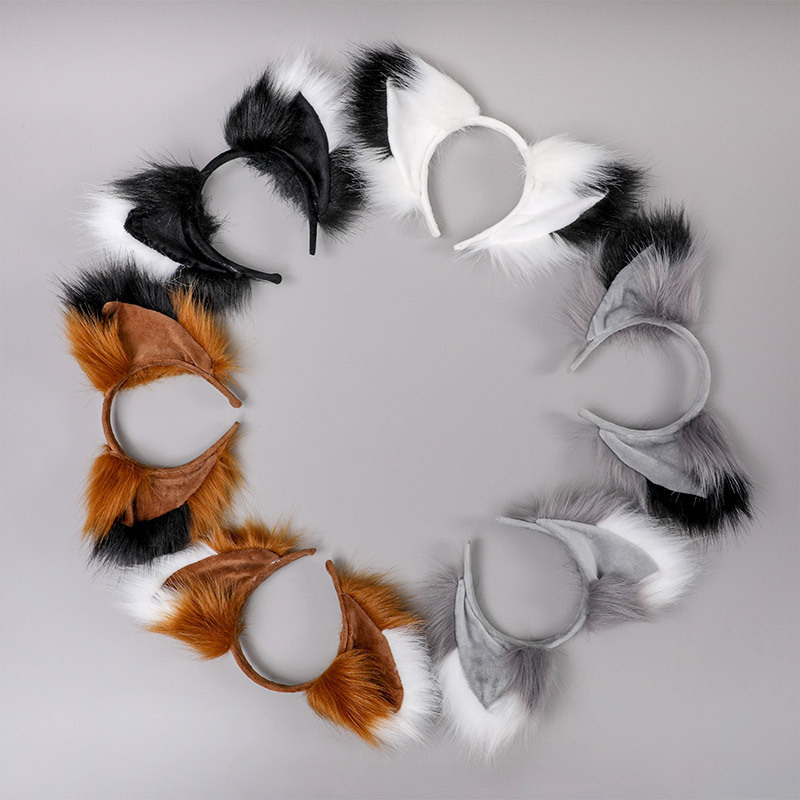 Cosplay Ears Tails Set Fox Fur Plush Headband Black White Panda Color Brown Adult Party Headwear Tails Cosplay Prop