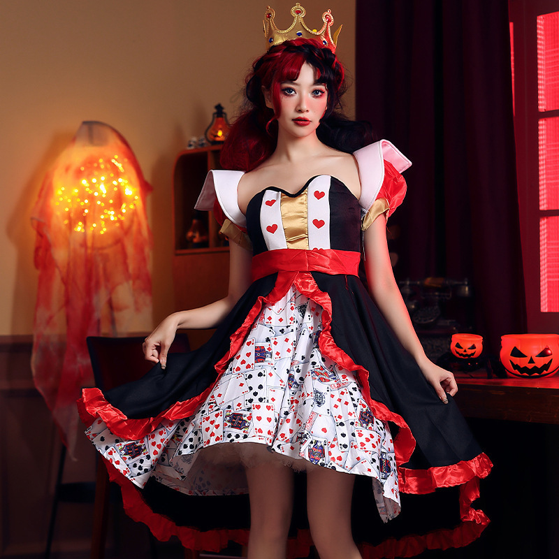 Women Queen Character Cosplay Costume Sexy Dress Halloween Costumes Red Queen Poker Printed Dresses