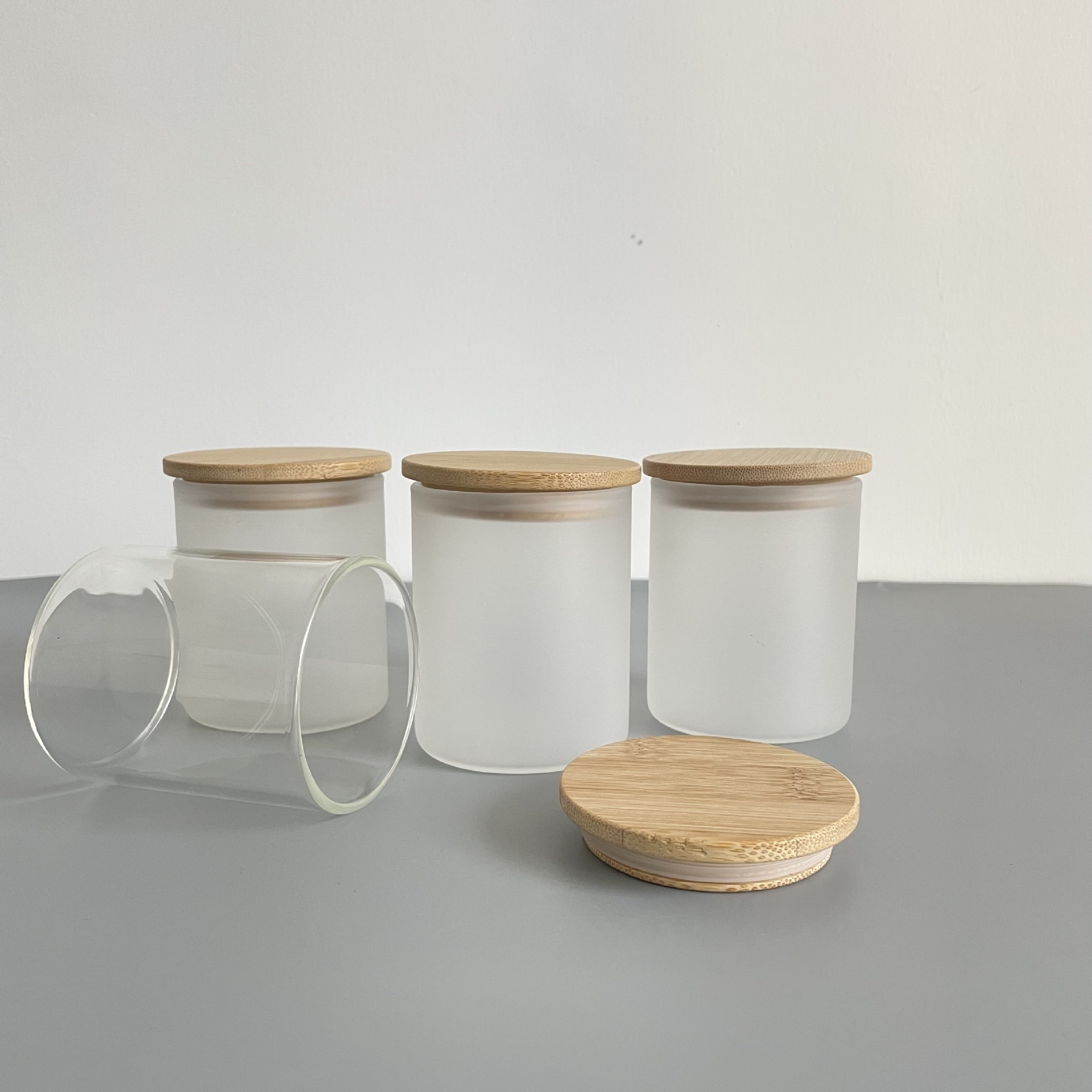 Wholesale Frosted Clear Sublimation Candle Jar Empty Glass Tealight Holder with Bamboo Lid