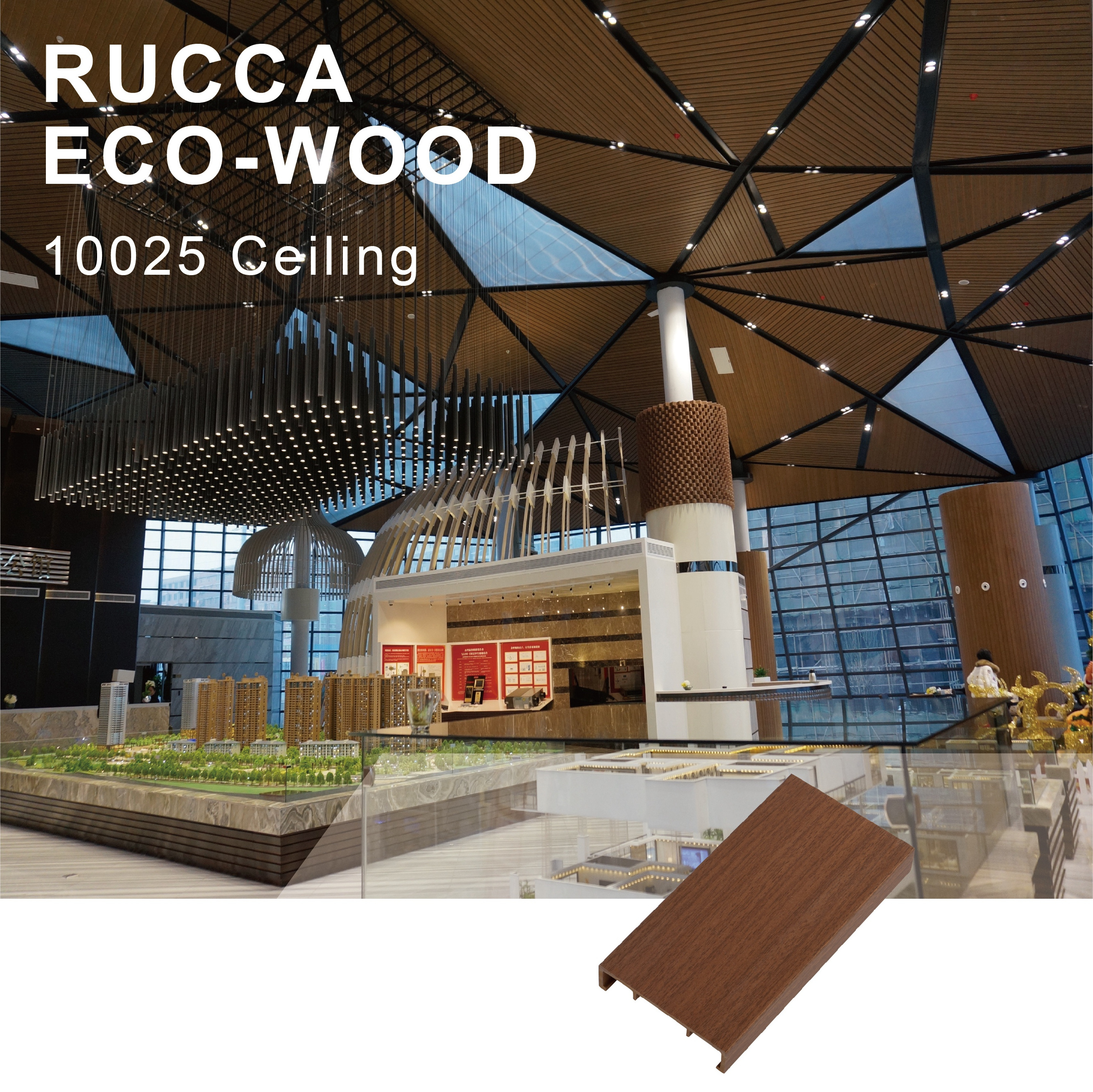 Rucca WPC indoor faux wood ceiling panel, false design decorative plastic ceiling tiles 100*25mm Foshan China