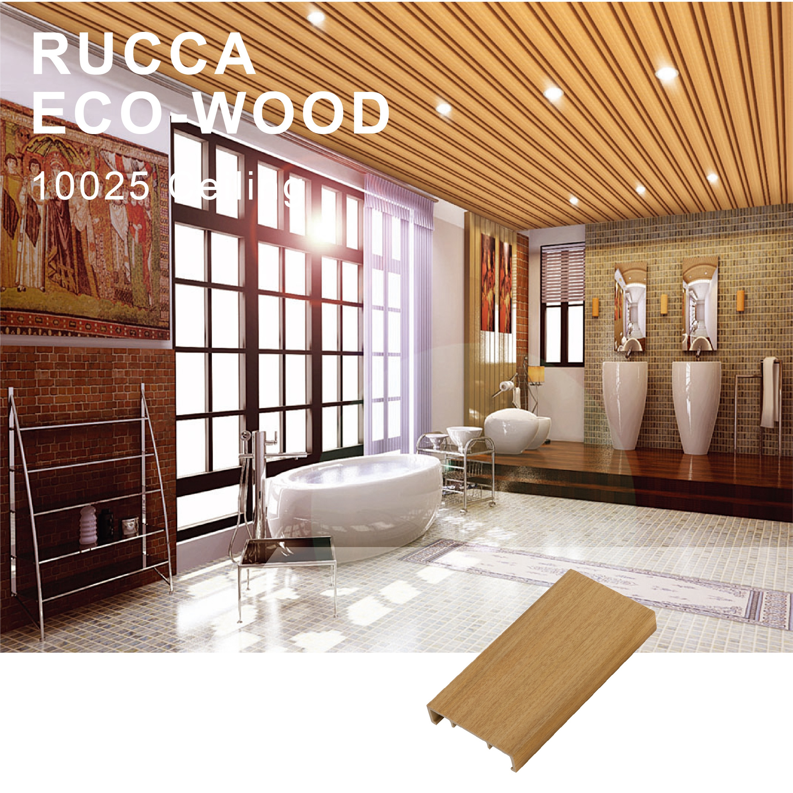 Rucca WPC indoor faux wood ceiling panel, false design decorative plastic ceiling tiles 100*25mm Foshan China