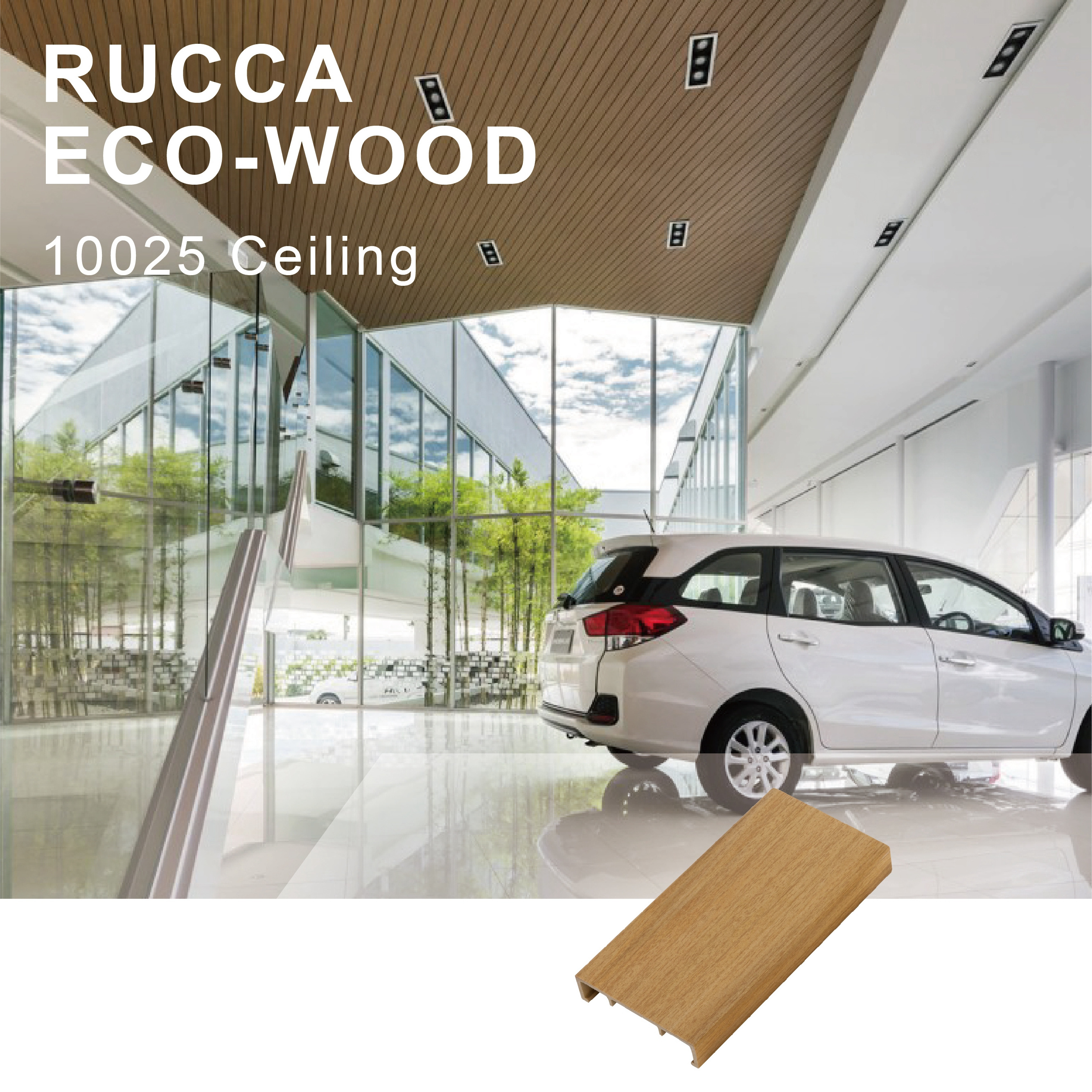 Rucca WPC indoor faux wood ceiling panel, false design decorative plastic ceiling tiles 100*25mm Foshan China