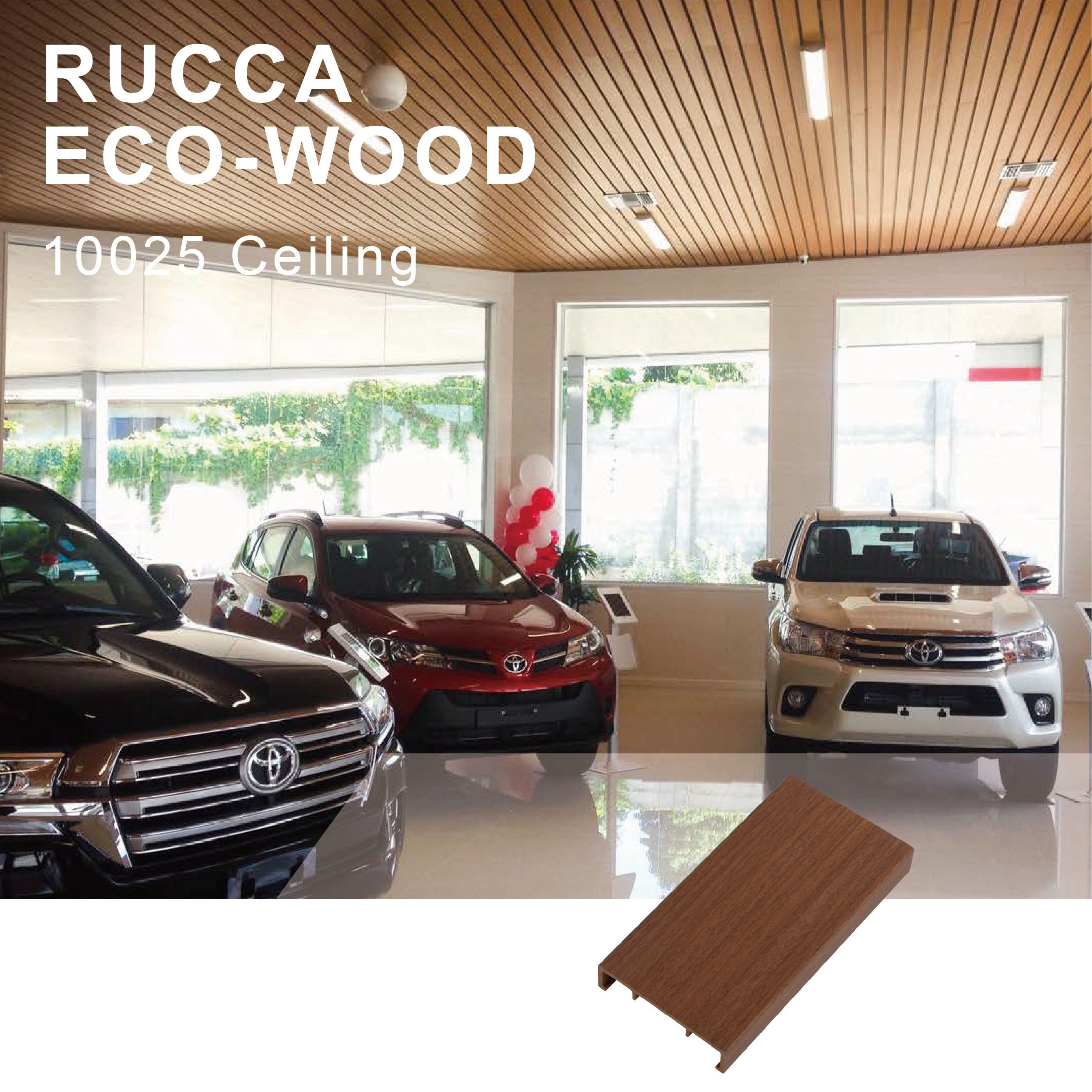 Rucca WPC indoor faux wood ceiling panel, false design decorative plastic ceiling tiles 100*25mm Foshan China