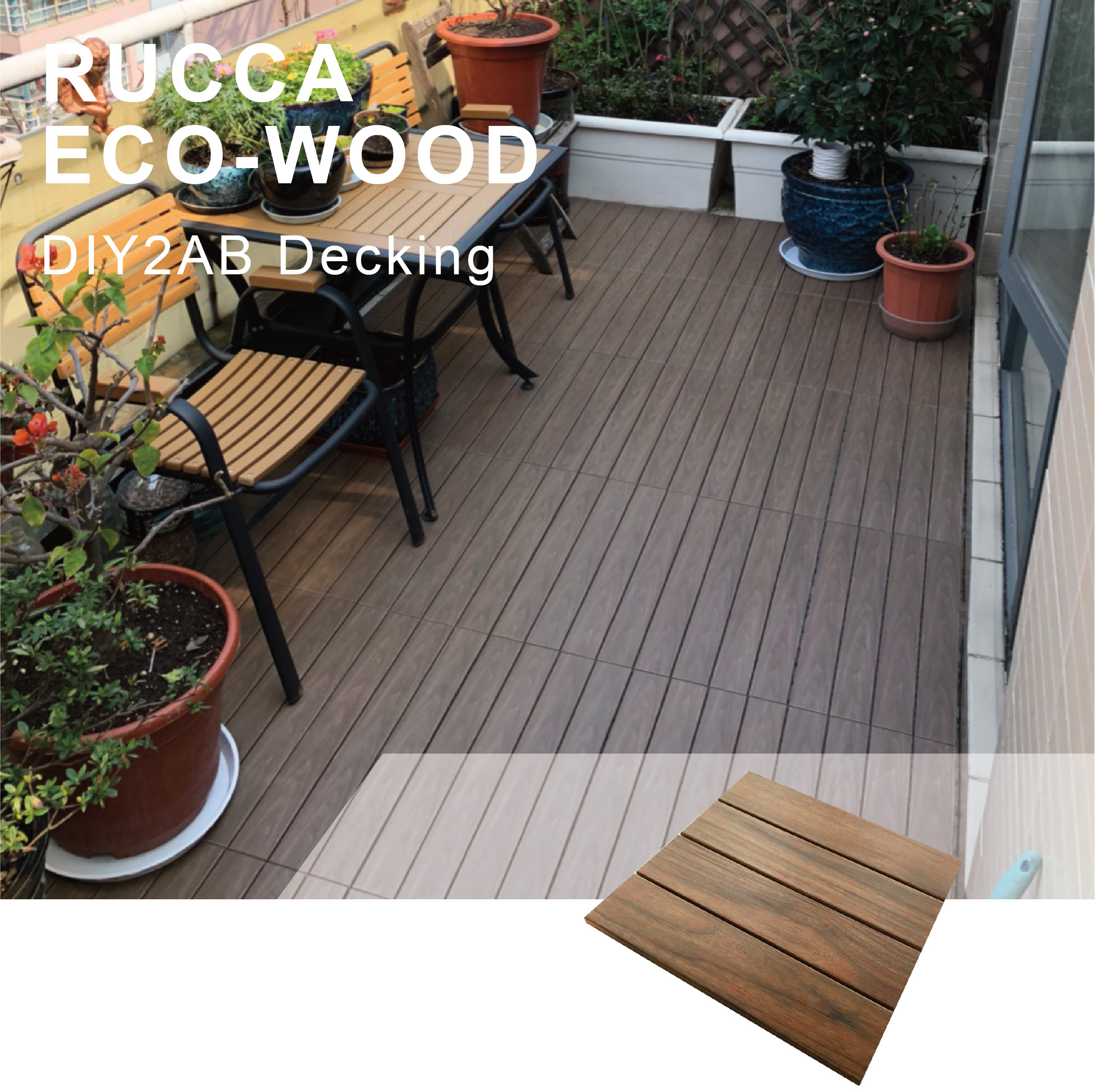 Guangdong Rucca WPC Interlocking Patio DIY Decking Tiles 300*300mm for Exterior/Interior Balcony Wood Plastic Composite Solid