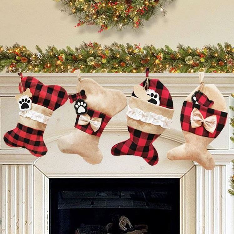 Large Bone Shape Buffalo Plaid Puppy Pet Dog Christmas Stockings Christmas Tree Hanging Decorations Xmas Gift Bags