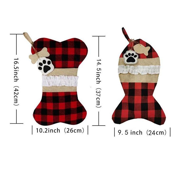 Large Bone Shape Buffalo Plaid Puppy Pet Dog Christmas Stockings Christmas Tree Hanging Decorations Xmas Gift Bags