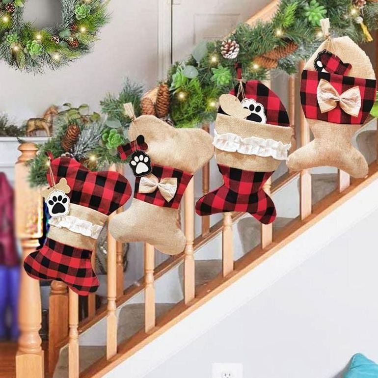 Large Bone Shape Buffalo Plaid Puppy Pet Dog Christmas Stockings Christmas Tree Hanging Decorations Xmas Gift Bags