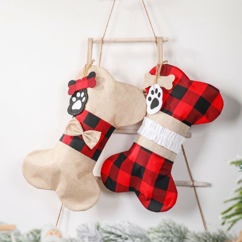 Large Bone Shape Buffalo Plaid Puppy Pet Dog Christmas Stockings Christmas Tree Hanging Decorations Xmas Gift Bags