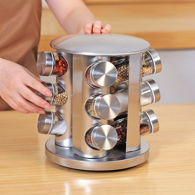 New Kitchen Supplies 20-jar Round Shape 430 Stainless Steel Seasoning Jar Revolving Countertop Spice Rack