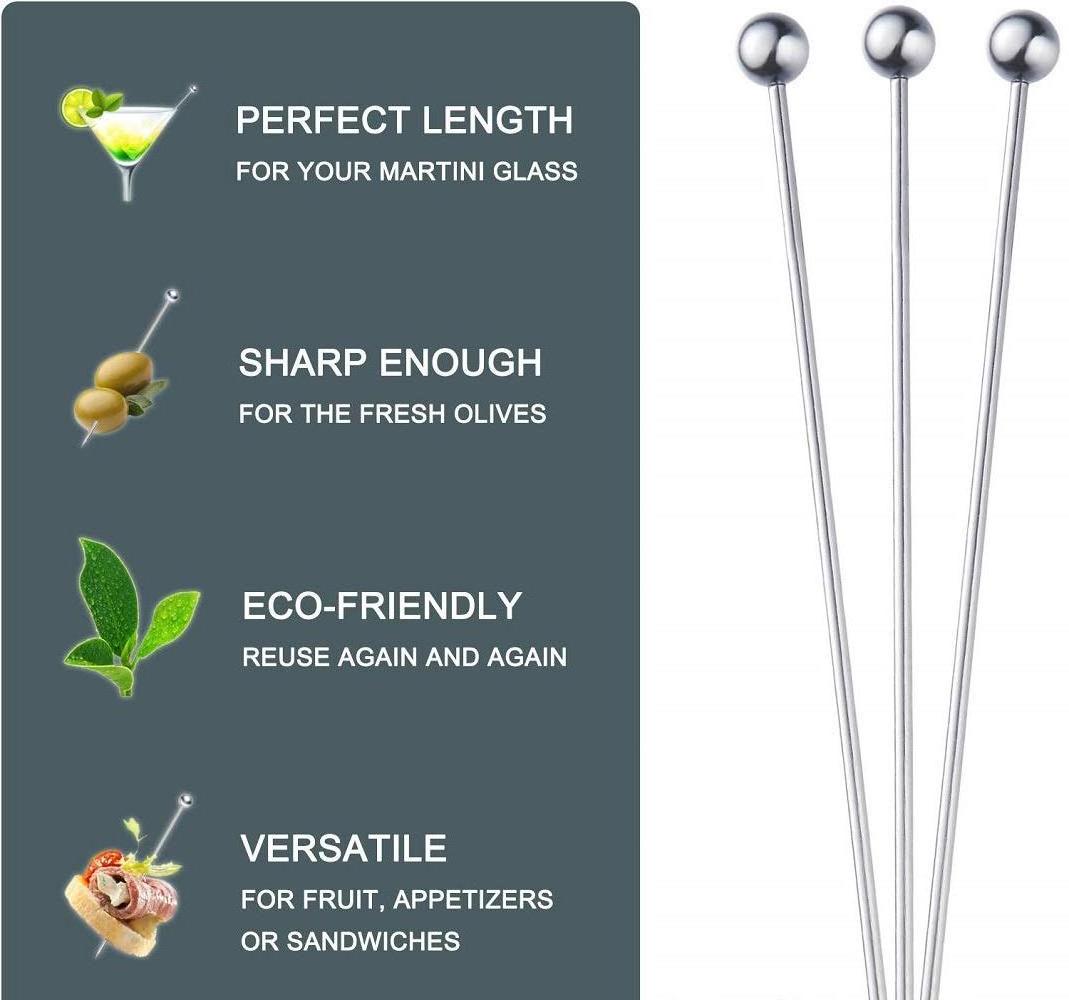 Premium Quality  Cocktail Picks 304 Stainless Steel Martini Olive Skewers Reusable Sticks Appetizer Toothpicks Fruit Stick