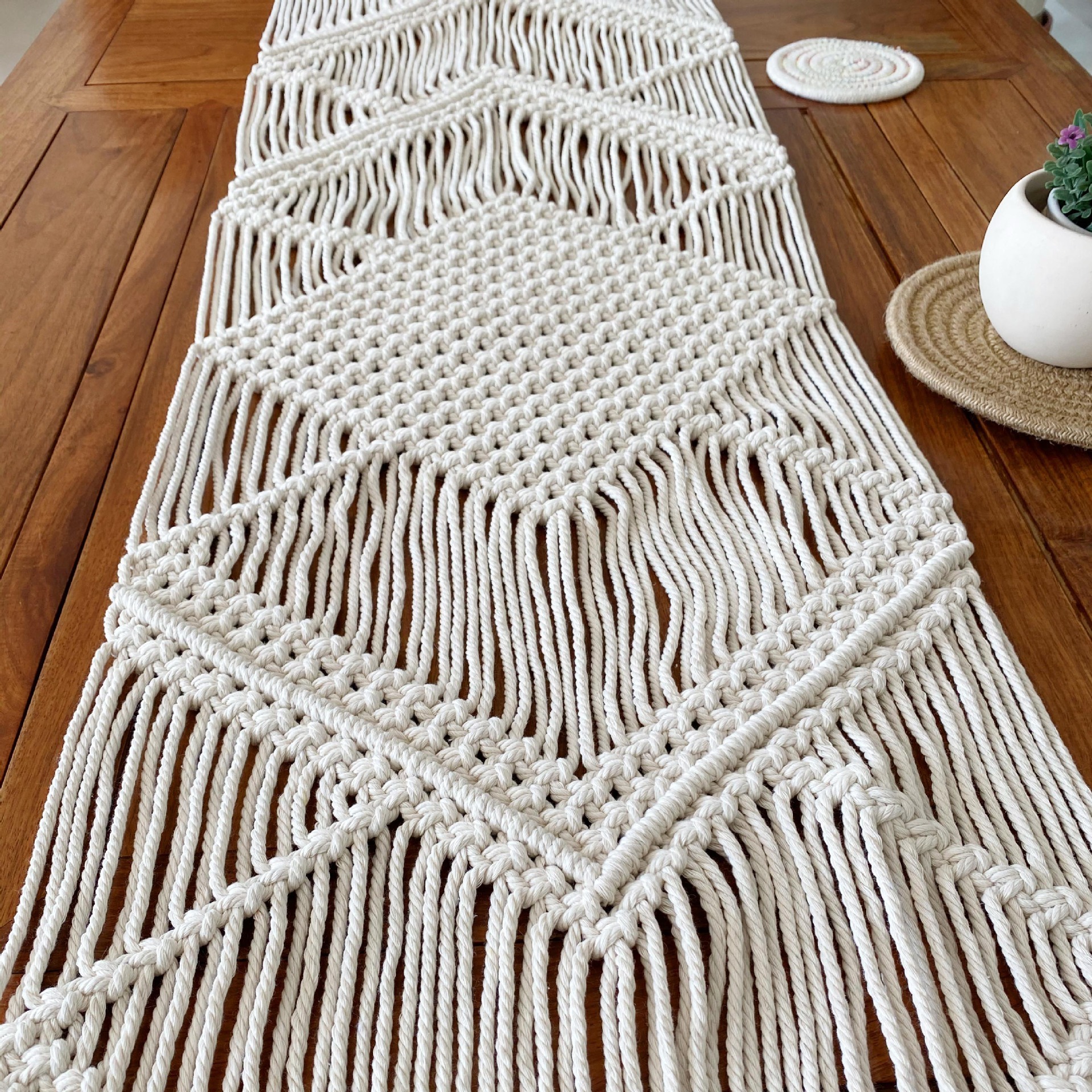 Bohemian Style Table Runner White Striped Handmade Cotton Macrame Table Runner