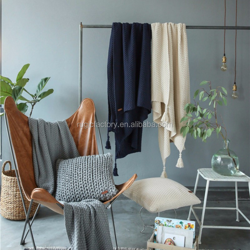 130x170CM Photography Props Blankets Nordic European Modern Sofa Bed Throw Knit Blanket Fringe Tassel Cotton Knit Blanket