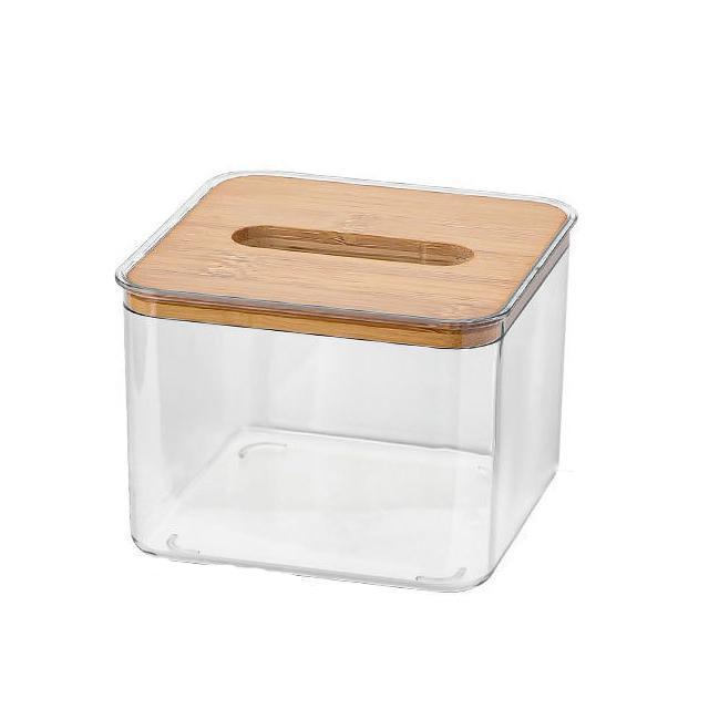 Baolong Factory Creative Household Transparent Tissue Container Holder Facial Tissue Dispenser Box with Bamboo Wood Lid