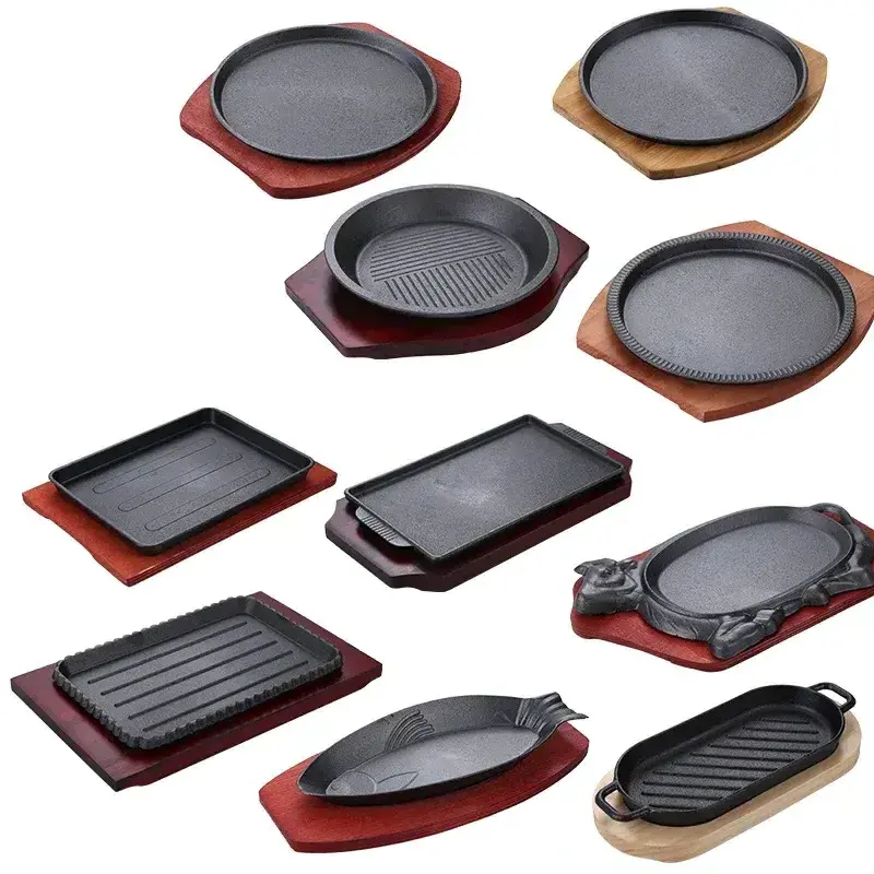 High quality skillet cookware Non Stick frying pan Cooking steak Square Cast Iron Grill Pan sizzling hot plate with wooden base