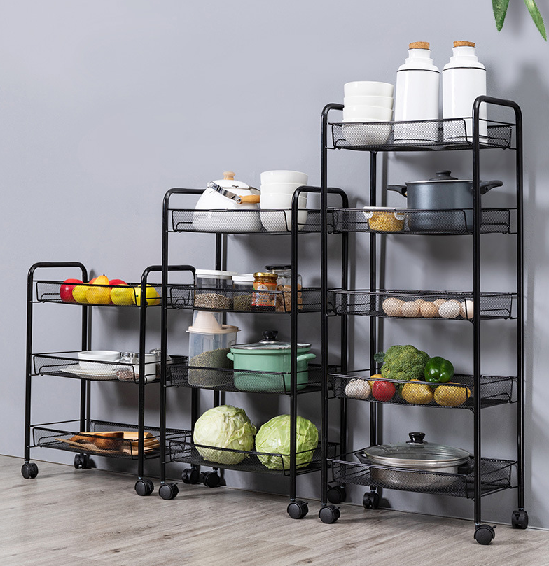 Trolley Rolling With Wood Wooden Bamboo Storage Design Microwave Island Fruit Hooks Carts 3-Layer Shelves For Bar Kitchen Cart