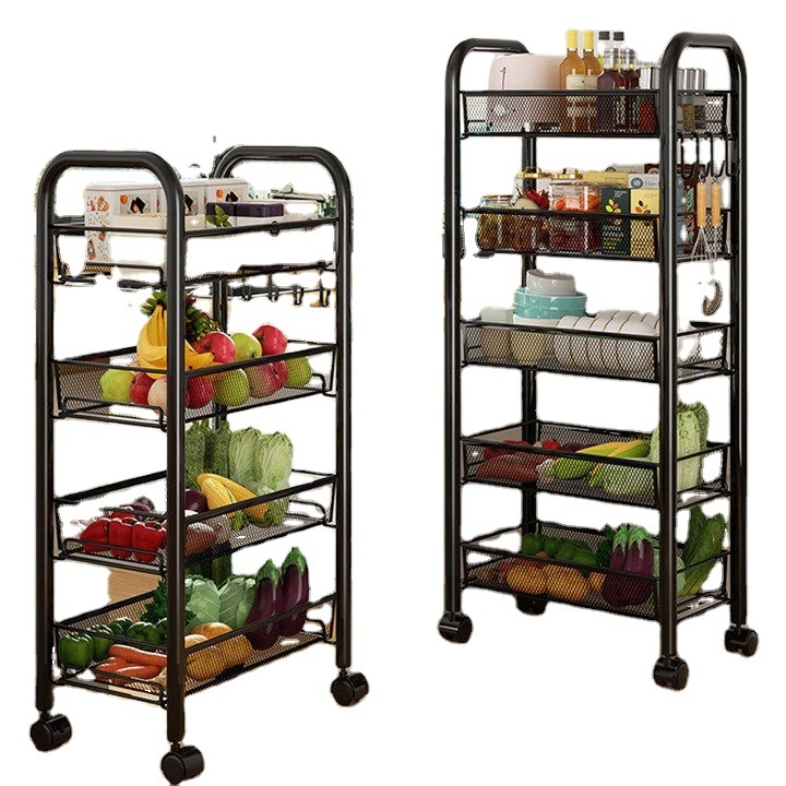 Trolley Rolling With Wood Wooden Bamboo Storage Design Microwave Island Fruit Hooks Carts 3-Layer Shelves For Bar Kitchen Cart