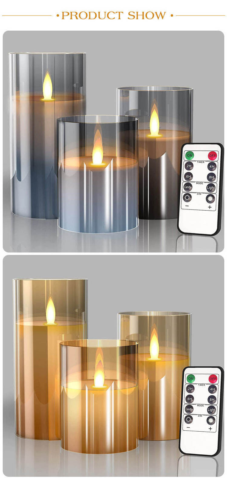 3pcs Grey Acrylic plastic Flickering Flameless Remote Battery Operated with Timer Home DecorationsHallowen Christmas Led Candle