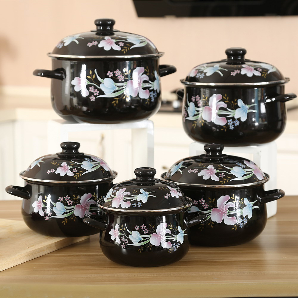 Enamelware Wholesale 906ED cookware sets hot enamel pot,flower pattern black casseroles