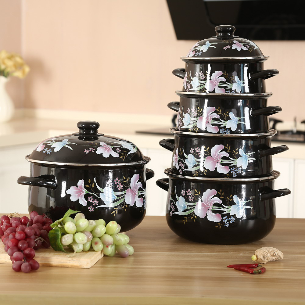 Enamelware Wholesale 906ED cookware sets hot enamel pot,flower pattern black casseroles