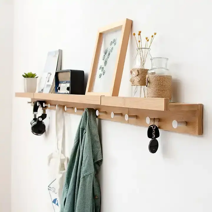 DIY Home Decor Bamboo Wall Mounted Hanging Entryway Shelf Wall storage with Different Hooks Natural Color wall shelf with coat h