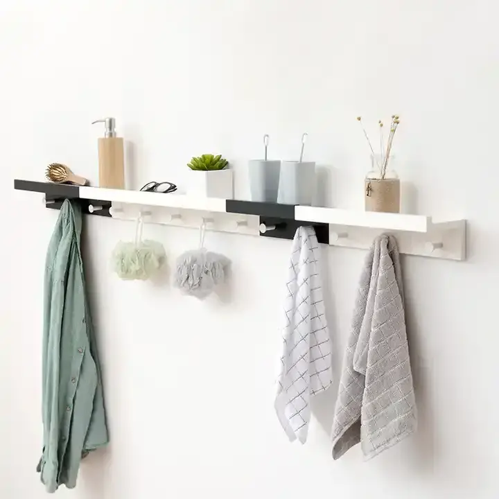 DIY Home Decor Bamboo Wall Mounted Hanging Entryway Shelf Wall storage with Different Hooks Natural Color wall shelf with coat h