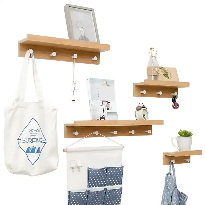 Good price  Mounted Hanging Entryway Shelf Wall storage with Different Hooks Natural Color wall shelf with coat hooks