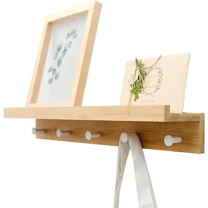 Good price  Mounted Hanging Entryway Shelf Wall storage with Different Hooks Natural Color wall shelf with coat hooks