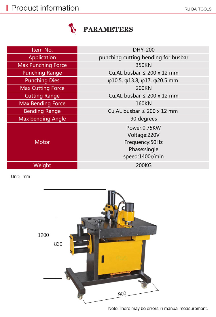 DHY-200 max 200 x 12 mm hole punching cutting bending 3 in 1 processing copper hydraulic busbar bending machine